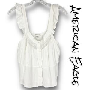 American Eagle Flutter Sleeve Button Up Blouse Cropped Ruffle Womens Size XS